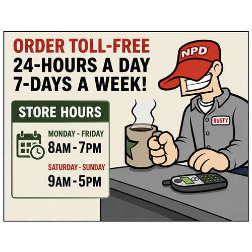 Rusty enjoying coffee at the parts counter, with toll-free ordering and counter hours